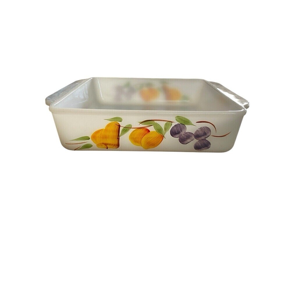 Vintage Fire King Gay Fad 8" Baking Dish Fruits Square #452 Anchor Hocking MCM